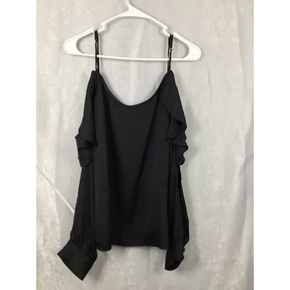 L`Academie Adjustable Spaghetti Strap Cold Shoulder Long Sleeve Blouse Black Siz - Picture 10 of 12